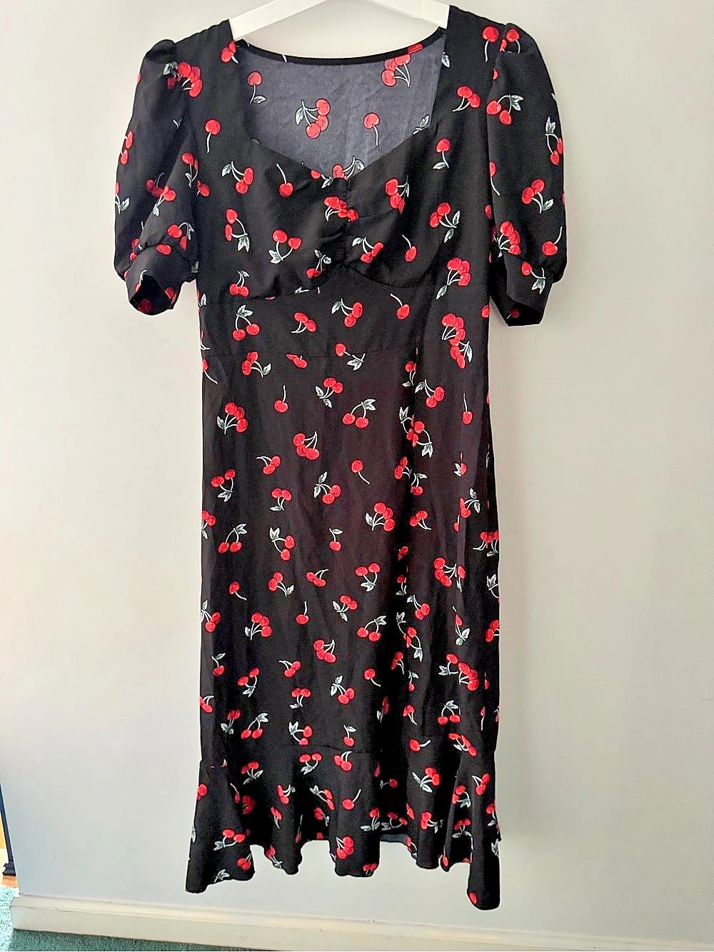 Cherry Print Puff Sleeve Midi Dress New